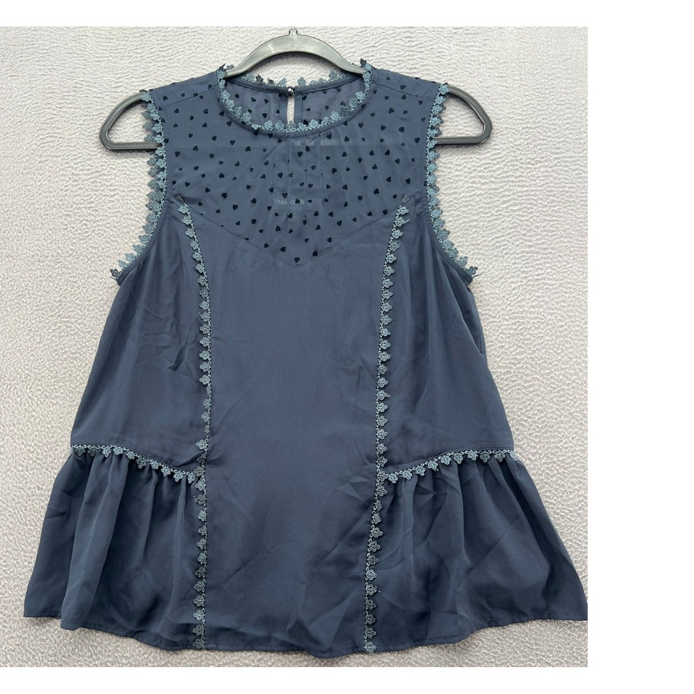 ModCloth Top Womens M Navy Blue Heart Flocked Sheer Lace Trim Peplum Sleeveless